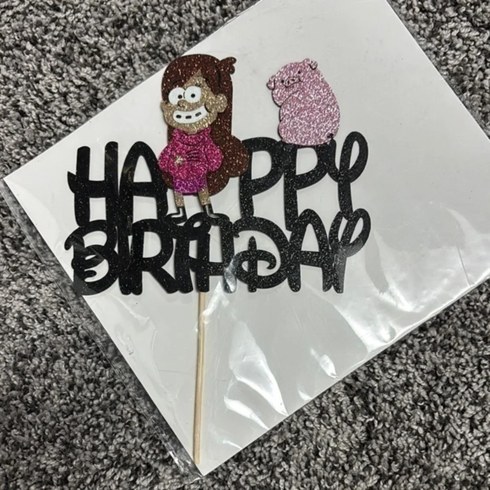 Glittery Black Gravity Falls Happy Birthday Cake Topper